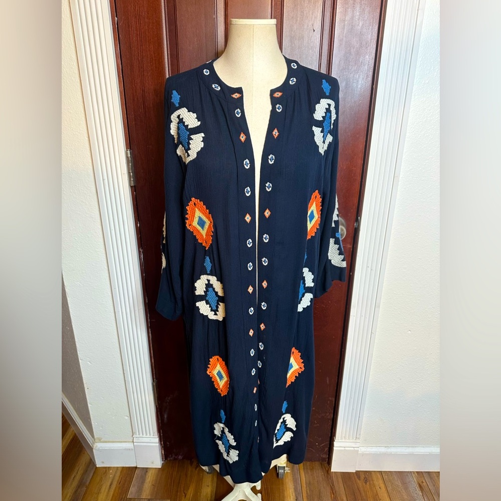 Chicos beautiful detailed navy , orange, yellow and white southwestern duster
